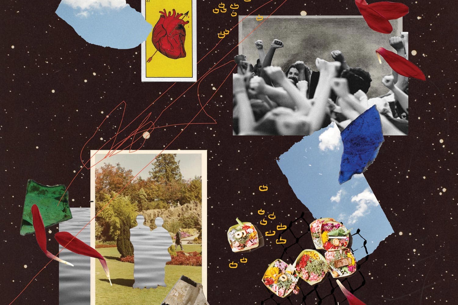 Digital collage of a heart, dried flowers, & the silhouette of a couple cut out of a photo, on a speckled brown background.