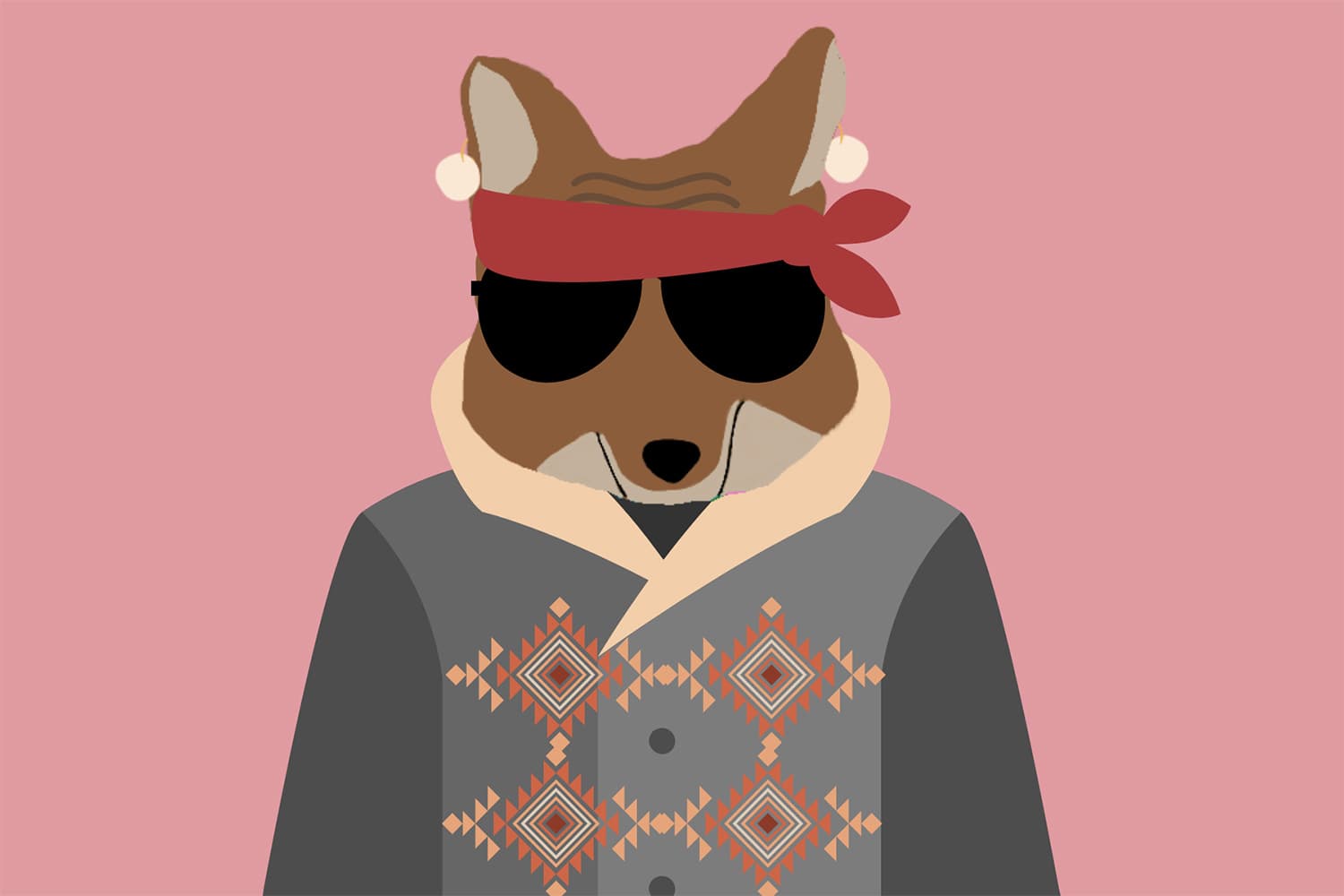 Illustration—A dark brown coyote wearing a wool coat has white earrings, black jet sunglasses, and a red bandana tied around its forehead.